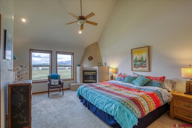 88 W Peregrine Cir Unit 4Unit 1, Pagosa Springs, CO 81147 - carpeted bedroom featuring lofted ceiling, a large fireplace, recessed lighting, a ceiling fan, and baseboards