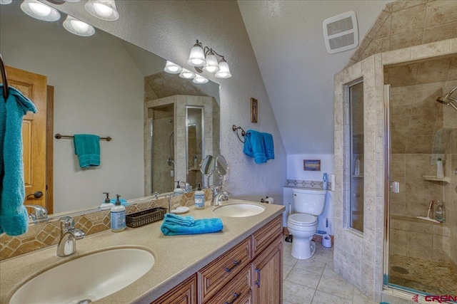 88 W Peregrine Cir Unit 4Unit 1, Pagosa Springs, CO 81147 - full bathroom featuring toilet, a shower stall, double vanity, vaulted ceiling, and tile patterned flooring