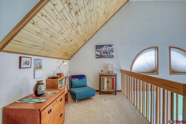 88 W Peregrine Cir Unit 4Unit 1, Pagosa Springs, CO 81147 - living area with lofted ceiling, light carpet, and wood ceiling