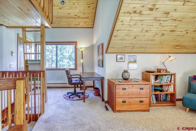 88 W Peregrine Cir Unit 4Unit 1, Pagosa Springs, CO 81147 - carpeted office featuring wood ceiling and a baseboard heating unit