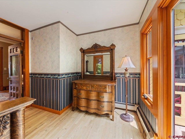 445 4th St, Ouray, CO 81427 - hall featuring wallpapered walls, hardwood / wood-style flooring, and ornamental molding