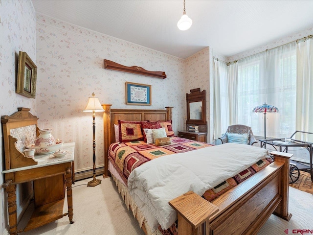 445 4th St, Ouray, CO 81427 - bedroom with wallpapered walls, light colored carpet, and a baseboard heating unit