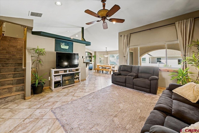 2224 American Way, Montrose, CO 81401 - living room featuring a ceiling fan, stairway, lofted ceiling, baseboards, and recessed lighting
