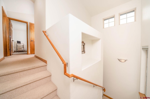 416 Amy Way, Ridgway, CO 81432 - stairway featuring a high ceiling, carpet flooring, and baseboards