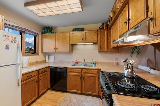 15 Marcellina Ln # 120, Mount Crested Butte, CO 81225 - kitchen featuring black appliances, a sink, under cabinet range hood, light countertops, and light wood finished floors