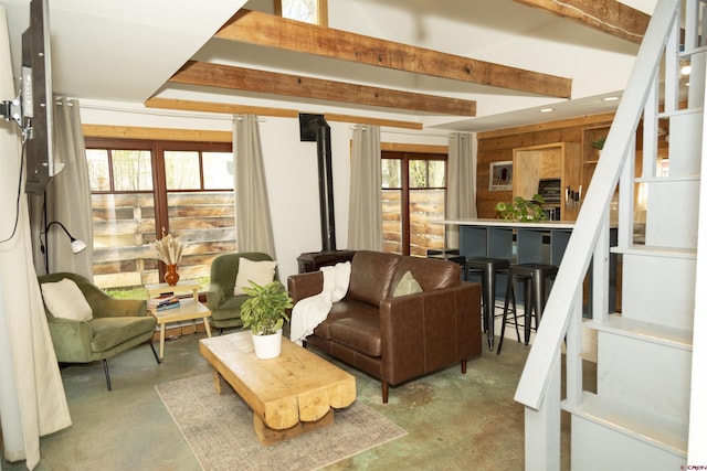103 W 10 1/2 St, Creede, CO 81130 - living room featuring concrete floors, recessed lighting, and beam ceiling