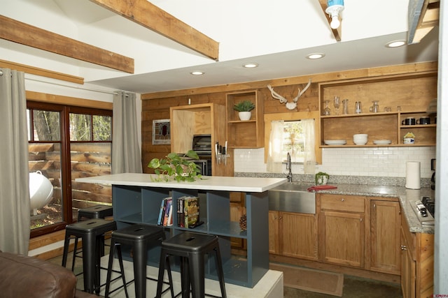 103 W 10 1/2 St, Creede, CO 81130 - kitchen featuring open shelves, a sink, backsplash, light countertops, and recessed lighting