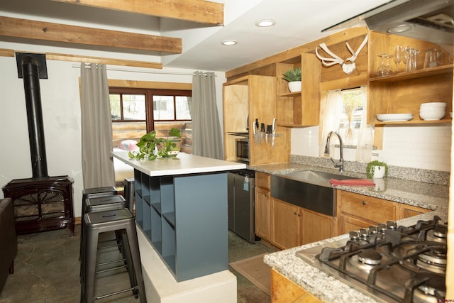 103 W 10 1/2 St, Creede, CO 81130 - kitchen featuring open shelves, a sink, healthy amount of natural light, decorative backsplash, and recessed lighting