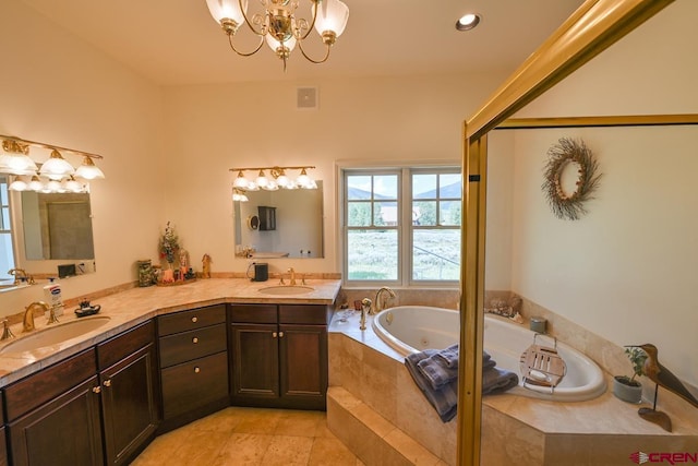 101 E Silver Sage Dr, Crested Butte, CO 81224 - full bathroom featuring a chandelier, double vanity, a whirlpool tub, recessed lighting, and tile patterned floors