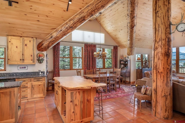 536 Journeys End Rd, Crested Butte, CO 81224 - kitchen featuring healthy amount of natural light, wood ceiling, light tile patterned floors, and light brown cabinets