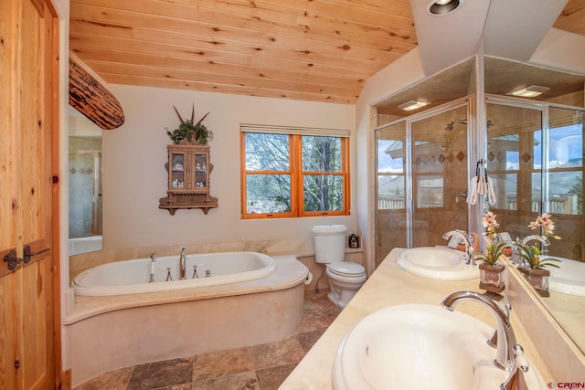 536 Journeys End Rd, Crested Butte, CO 81224 - full bath featuring a garden tub, double vanity, a shower stall, wood ceiling, and toilet