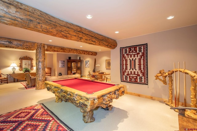 536 Journeys End Rd, Crested Butte, CO 81224 - recreation room featuring carpet flooring, billiards, recessed lighting, beam ceiling, and baseboards
