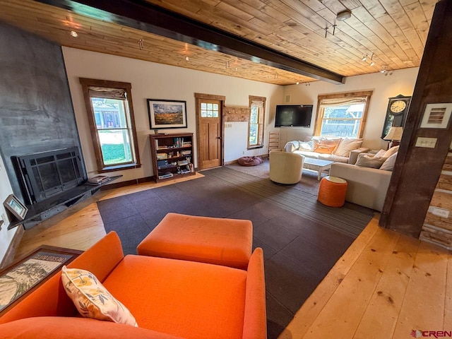 414 Maroon Ave, Crested Butte, CO 81224 - living room featuring hardwood / wood-style floors, wooden ceiling with exposed beams, and a fireplace