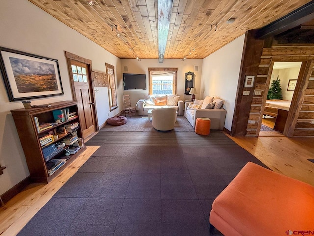 414 Maroon Ave, Crested Butte, CO 81224 - living area with wooden ceiling, baseboards, and wood-type flooring