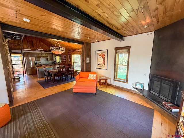 414 Maroon Ave, Crested Butte, CO 81224 - living room with wood ceiling and dark wood-type flooring