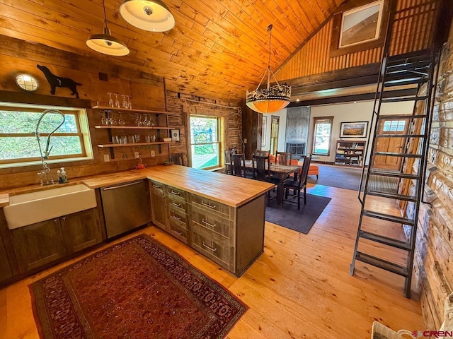 414 Maroon Ave, Crested Butte, CO 81224 - kitchen featuring dishwasher, wooden counters, wood ceiling, light wood finished floors, and pendant lighting