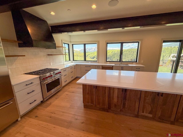 470 Meadow Dr, Crested Butte, CO 81224 - kitchen featuring designer stove, light countertops, premium range hood, and recessed lighting