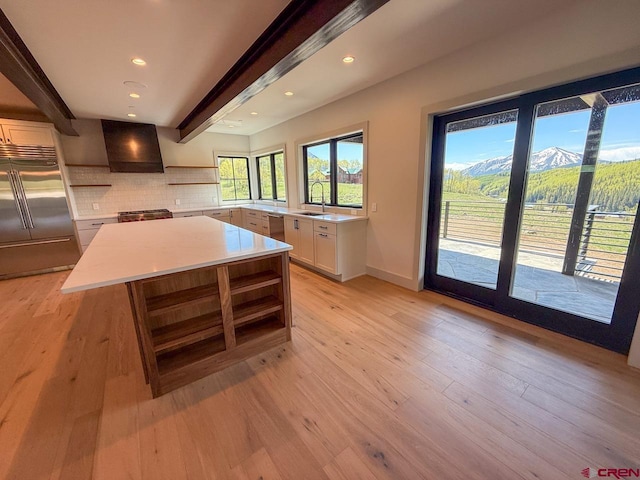 470 Meadow Dr, Crested Butte, CO 81224 - kitchen featuring appliances with stainless steel finishes, a sink, custom range hood, light countertops, and open shelves