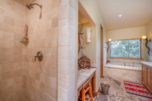 42 Gold Link Dr, Mount Crested Butte, CO 81225 - bathroom with a garden tub, a tile shower, and vanity
