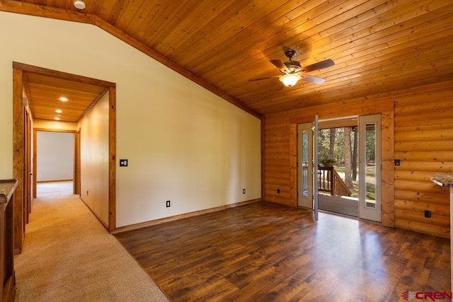 30 Stagecoach Rd, Bayfield, CO 81122 - unfurnished room featuring vaulted ceiling, wooden ceiling, a ceiling fan, wood finished floors, and baseboards