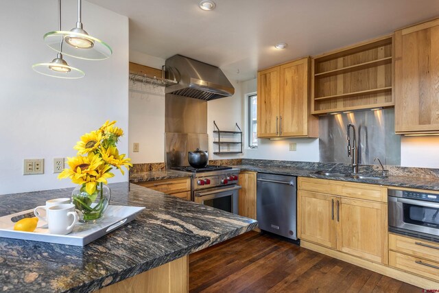 123 Boulders Way, Mountain Village, CO 81435 - kitchen featuring ventilation hood, stainless steel appliances, a sink, open shelves, and dark wood finished floors