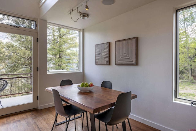 123 Boulders Way, Mountain Village, CO 81435 - dining area with track lighting, light wood finished floors, and baseboards