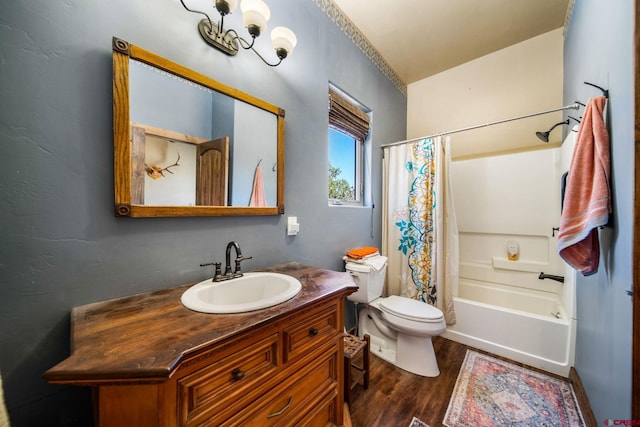 24180 Rd V.4, Dolores, CO 81323 - full bath featuring wood finished floors, toilet, vanity, and shower / bathtub combination with curtain