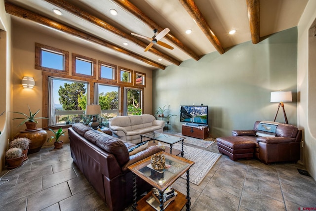 24180 Rd V.4, Dolores, CO 81323 - living area featuring ceiling fan, recessed lighting, beam ceiling, and a towering ceiling