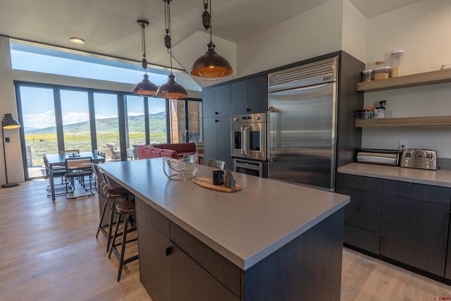 470 White Stallion Cir, Crested Butte, CO 81224 - kitchen with appliances with stainless steel finishes, a center island, light countertops, a breakfast bar, and light wood finished floors