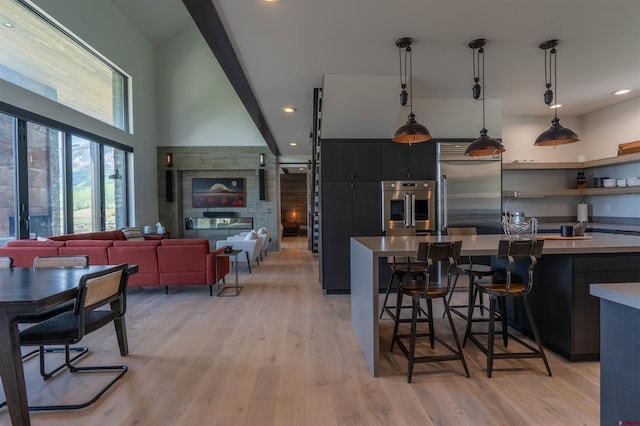 470 White Stallion Cir, Crested Butte, CO 81224 - kitchen featuring appliances with stainless steel finishes, a kitchen breakfast bar, dark cabinetry, a center island with sink, and light wood-type flooring