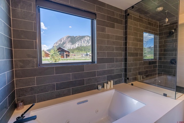 470 White Stallion Cir, Crested Butte, CO 81224 - bathroom featuring a mountain view, a jetted tub, and a tile shower