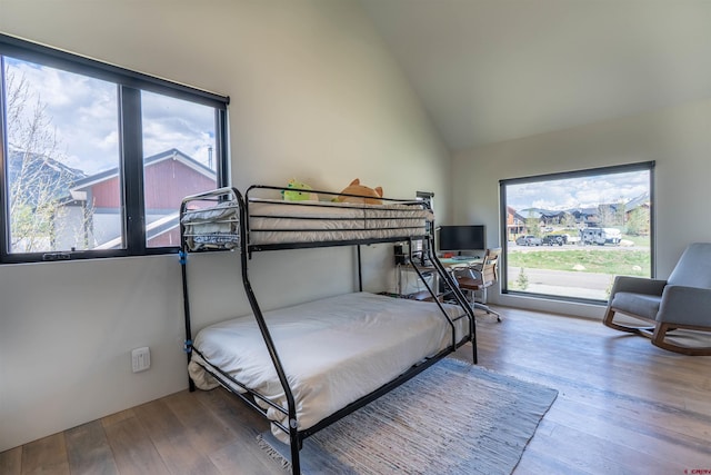 470 White Stallion Cir, Crested Butte, CO 81224 - bedroom with multiple windows, hardwood / wood-style flooring, and lofted ceiling