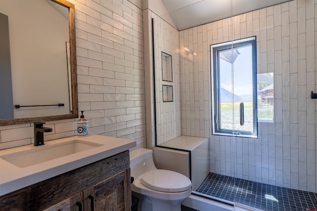 470 White Stallion Cir, Crested Butte, CO 81224 - bathroom featuring toilet, vanity, tiled shower, and tile walls