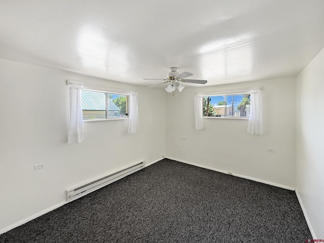 135 N 4th St, Hotchkiss, CO 81419 - unfurnished room with a baseboard radiator, healthy amount of natural light, dark carpet, and ceiling fan