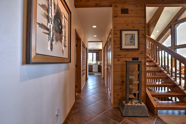 76 Pinnacle Dr, Ridgway, CO 81432 - hallway featuring recessed lighting, dark tile patterned flooring, stairway, and baseboards