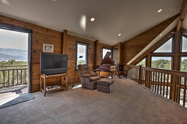 76 Pinnacle Dr, Ridgway, CO 81432 - living area featuring carpet flooring, wood walls, lofted ceiling, a ceiling fan, and recessed lighting