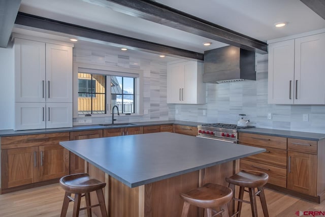 918 Belleview Ave, Crested Butte, CO 81224 - kitchen featuring custom exhaust hood, a sink, stainless steel stove, a kitchen bar, and light wood-style flooring