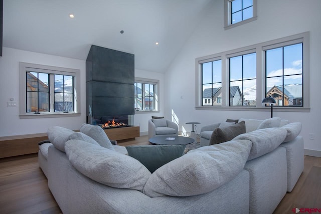 918 Belleview Ave, Crested Butte, CO 81224 - living area with high vaulted ceiling, wood finished floors, a fireplace, plenty of natural light, and baseboards
