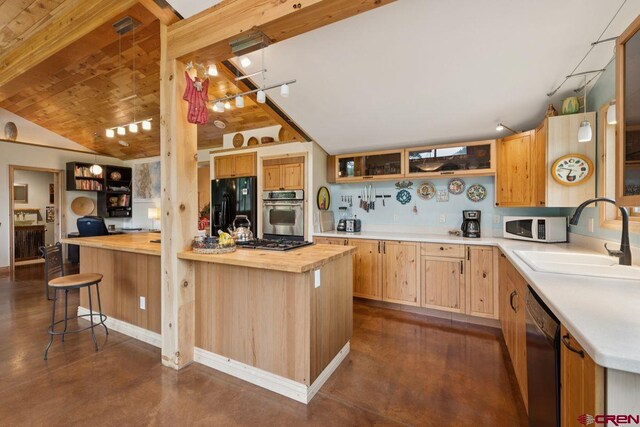 280 Marys Rd, Ridgway, CO 81432 - kitchen with wood counters, black appliances, a sink, finished concrete floors, and light brown cabinets