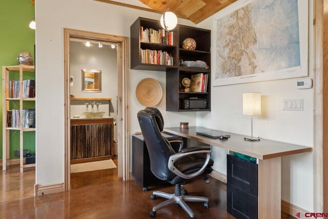 280 Marys Rd, Ridgway, CO 81432 - home office with wood ceiling and concrete flooring