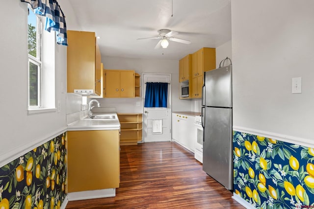 2224 Crestview Dr, Durango, CO 81301 - kitchen with stainless steel appliances, light countertops, a sink, ceiling fan, and open shelves