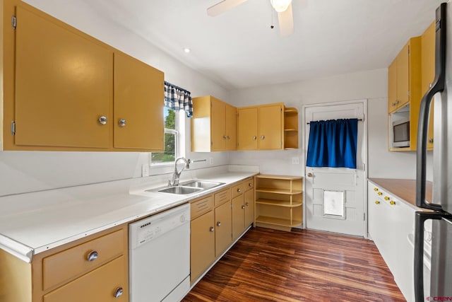 2224 Crestview Dr, Durango, CO 81301 - kitchen with appliances with stainless steel finishes, a sink, open shelves, dark wood-style flooring, and light countertops