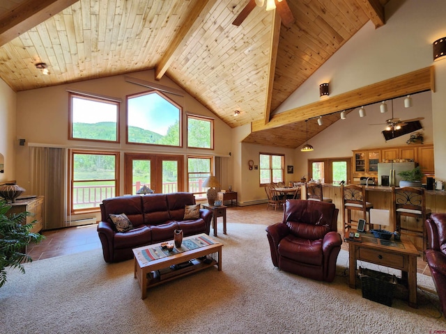 421 Elk Meadow Run, Antonito, CO 81120 - living area with high vaulted ceiling, ceiling fan, light carpet, wood ceiling with exposed beams, and track lighting