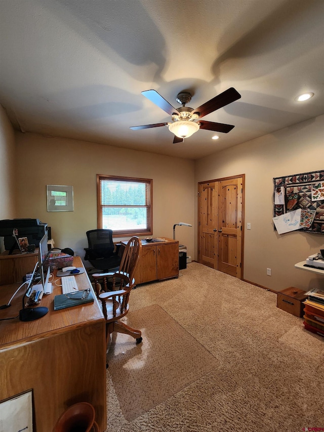 421 Elk Meadow Run, Antonito, CO 81120 - office area featuring a ceiling fan, carpet flooring, and recessed lighting