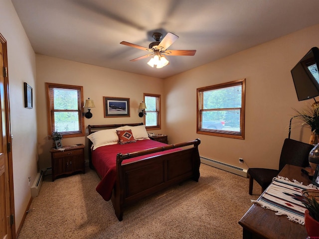 421 Elk Meadow Run, Antonito, CO 81120 - bedroom with a baseboard heating unit, light carpet, and ceiling fan