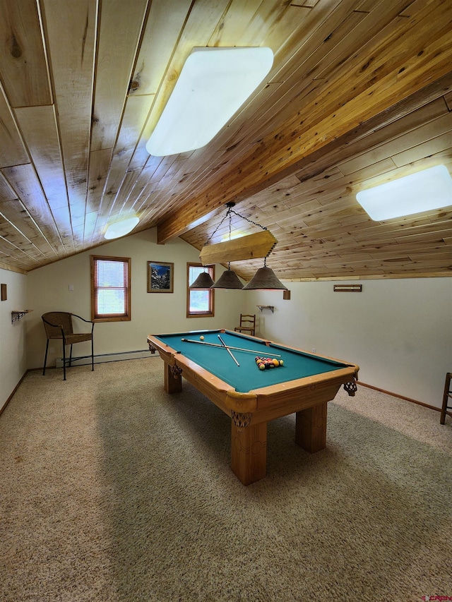 421 Elk Meadow Run, Antonito, CO 81120 - recreation room with carpet floors, billiards table, lofted ceiling, baseboards, and wood ceiling