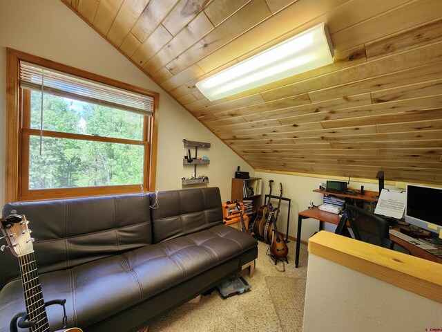 421 Elk Meadow Run, Antonito, CO 81120 - carpeted living area featuring lofted ceiling, wooden ceiling, and an office area