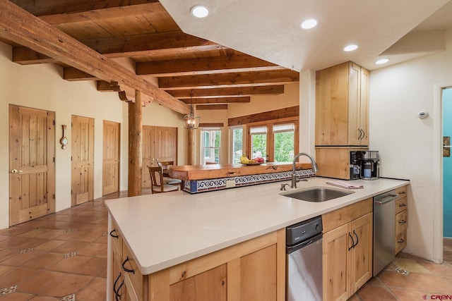 511 Miramonte Dr, Hesperus, CO 81326 - kitchen with a sink, recessed lighting, light brown cabinets, light countertops, and wood ceiling with exposed beams