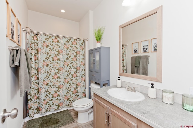 729 Spotted Pony Ct, Delta, CO 81416 - bathroom featuring vanity, toilet, curtained shower, and wood finished floors