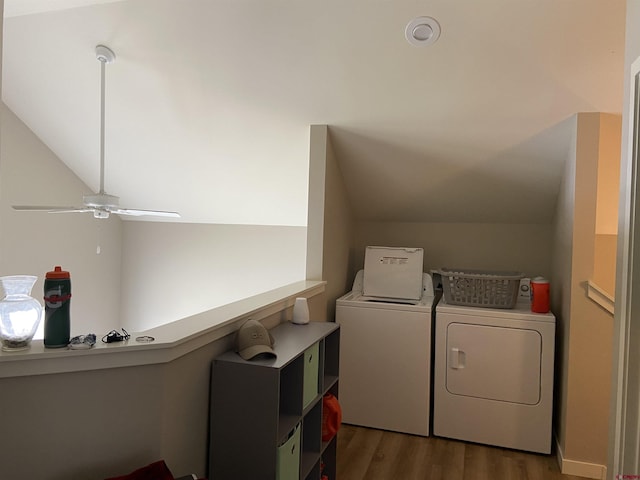 313A Van Tuyl Cir Unit A, Gunnison, CO 81230 - washroom featuring independent washer and dryer, wood finished floors, and ceiling fan